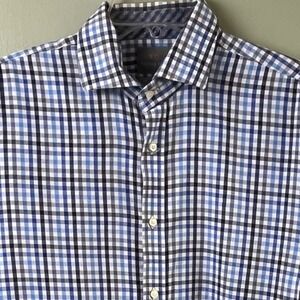 Thomas Dean Blue Brown Small Check Long Sleeve Pima Cotton Shirt Large‎ Men's